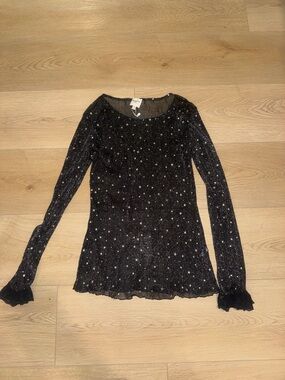 Black Star-Embellished Long-Sleeve Mesh Top